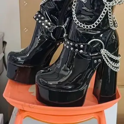 Chunky Heel Metal Chain Rivet Gothic Punk Style Side Zipper Tall Boots Women Black Patent Leather Platform Knee High Boots