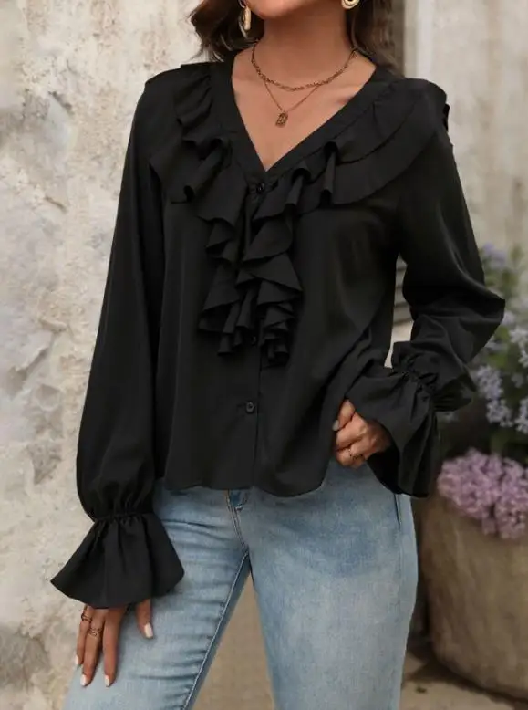 

Women's Shirt Spring New Style French Elegant Fashion Ruffle Splicing V-Neck Slimming Button Front Lantern Sleeve Slimming Shirt