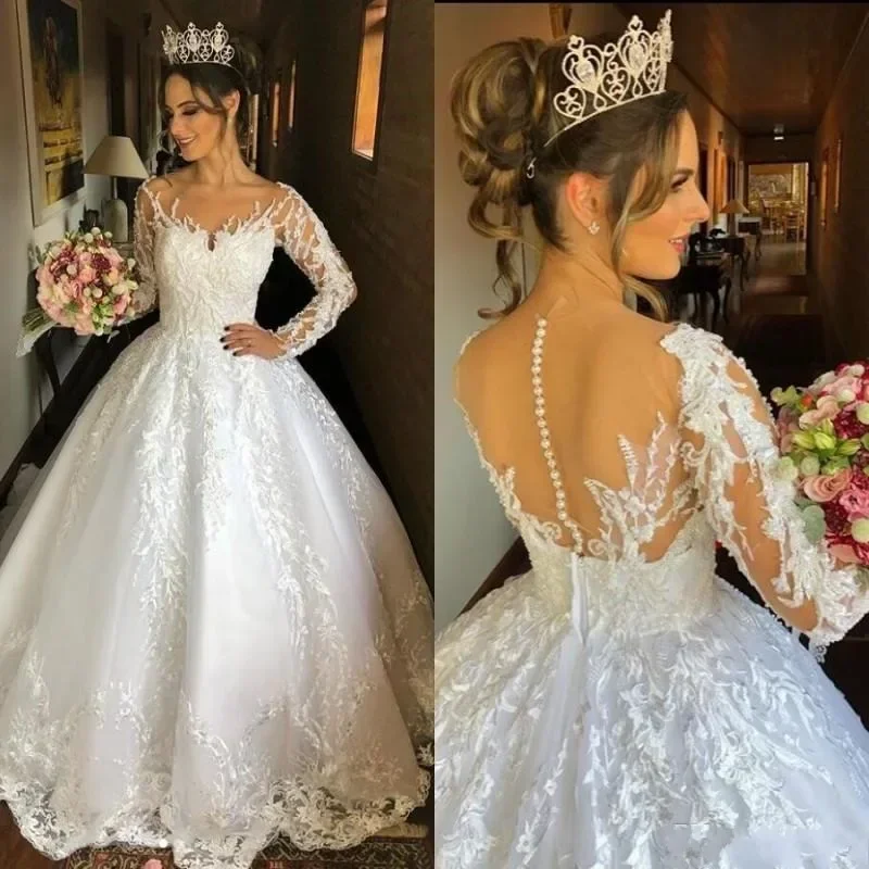 Customized Scoop Neck Lace Appliques Wedding Dress for Bride Vestidos De Novia   Long Sleeves Country  Buttons Back  Bridal Gown