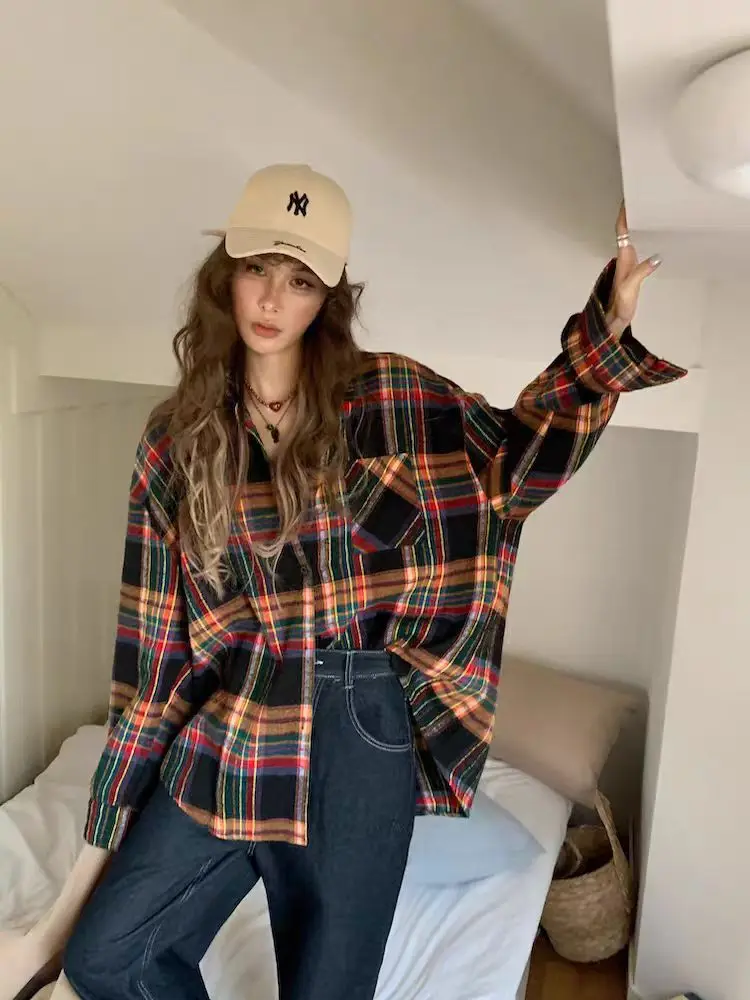 여성 타탄 셔츠 긴 소매 버튼업 캐주얼 오버사이즈 체크 셔츠 싱글 브레스티드 재킷 패션 청소년 남성 봄 여름