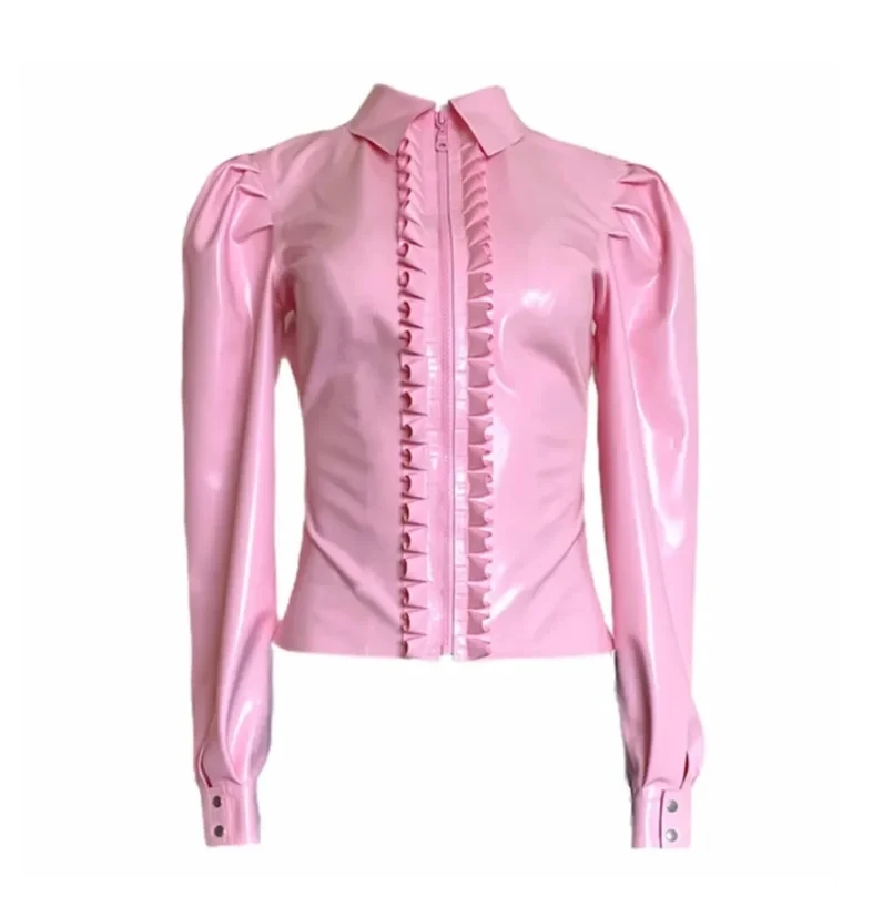 

Gothic Sexy Fashion Pleated PVC Shiny Shirt Elegant Office Women's Puff Long Sleeved Zippered Lower Collar Women's Top Clubwear