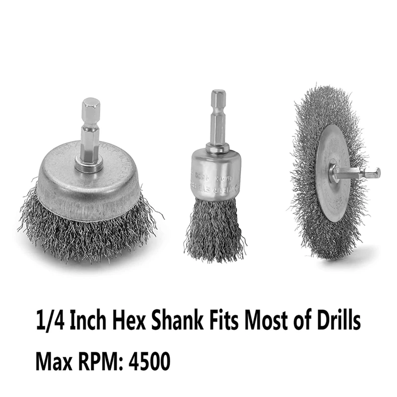 9PC Coarse Crimped Wire Wheel Cup Pen Brush Set For Drill,Carbon Steel Wire Brush With Hex Shank For Removing Paint