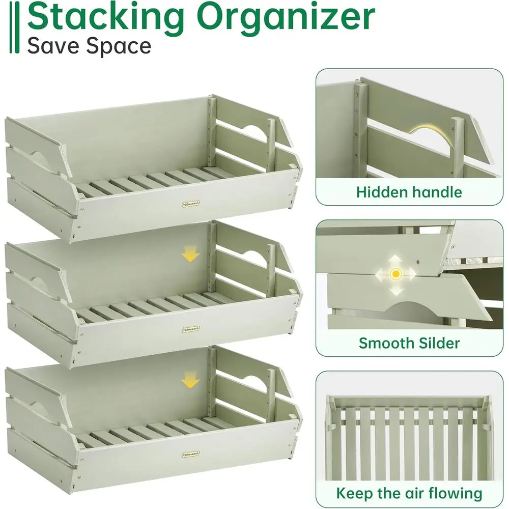 سلال إنتاج خشبية قابلة للتكديس - مجموعة مكونة من 3 قطع لتنظيم تخزين الفواكه والخضروات في المطبخ #5