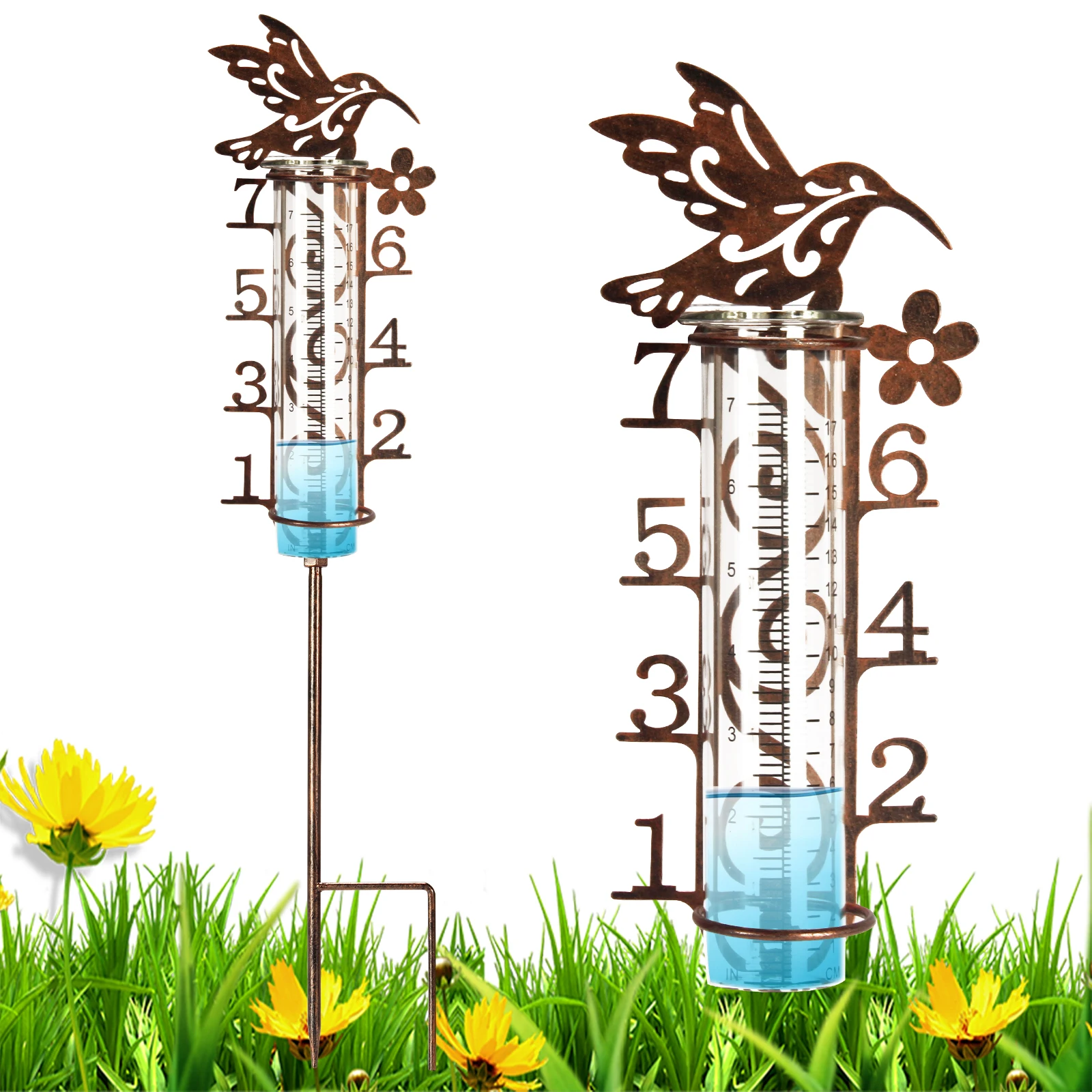 Hummingbird Outdoor Rain Gauge Rainfall Measuring Tool With Metal Garden Stake Precise Scale Gauge For Gardener Weather Watcher