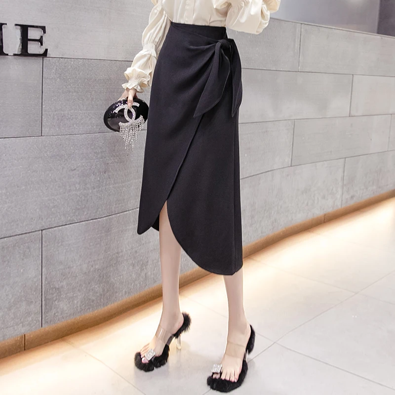 Office Lady Elegant High Waist Asymmetrical Midi Skirt Women\'s Autumn Spring Fashion Long Skirt Female Sexy Slit Skirt