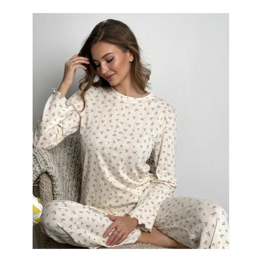 Summer Women Pajama Set Floral Print Round Neck Top Wide Leg Pants Two Piece Cream Base Pastel Floral Relaxed Fit Home Wear