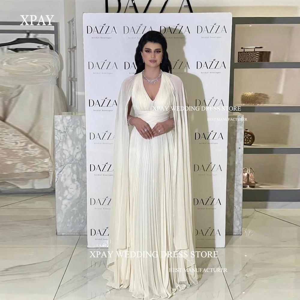 

XPAY Elegant Ivory Silk Chiffon Evening Dresses V Neck Long Cape Sleeves Simple Dubai Arabic Women Prom Gowns Formal Party Dress