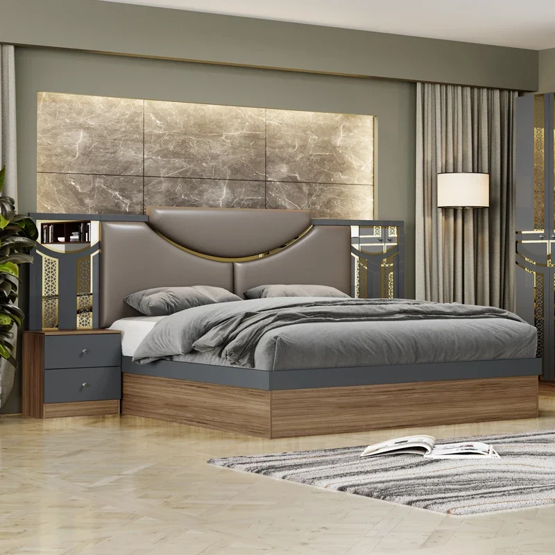 Modern Bedroom Furniture Collection Gray Upholstered Bed + Wood & Gold Wardrobe + Dresser Set