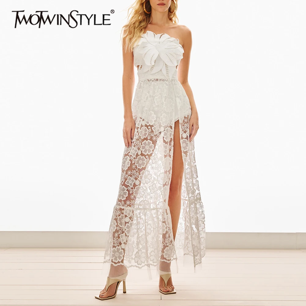 

TWOTWINSTYLE Elegant Hollow Out Spliced 3D Flower Dresses for Women Strapless Sleeveless Tunic Spliced Embroidery Dress Female