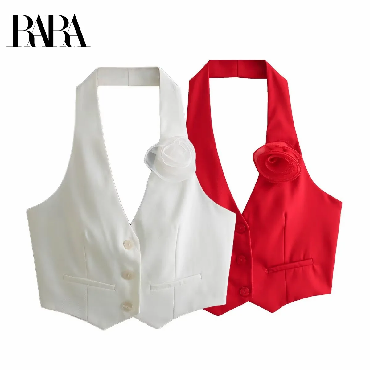 

RARA2025 New Summer Women's Casual Fashion Three-dimensional Flower Decoration Halter Neck Vest Slim Short Vest