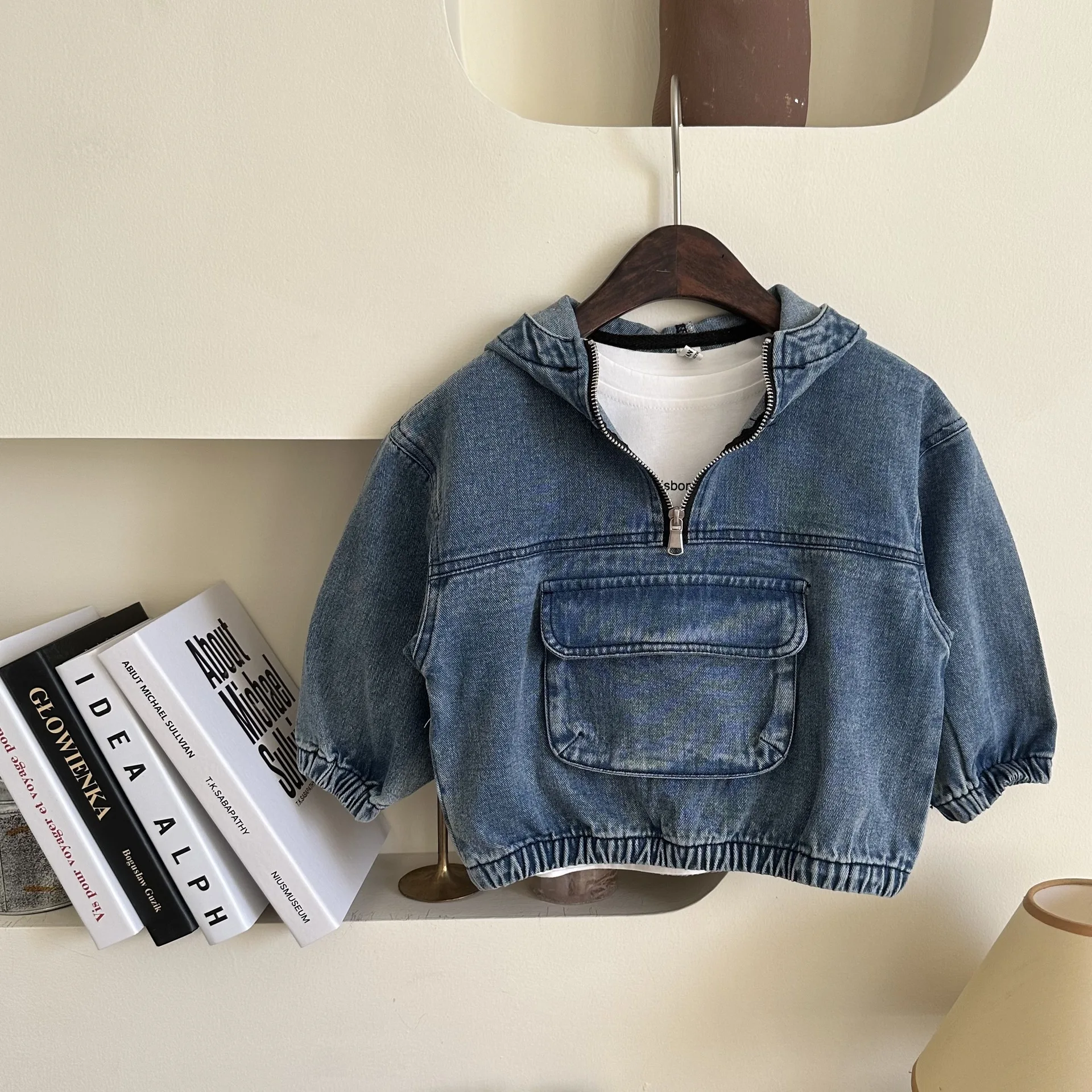 

Children Denim Coat 2023 Spring Autumn New Boys and Girls Solid Color Baby Hooded Zipper Casual Simple Handsome Kids Top