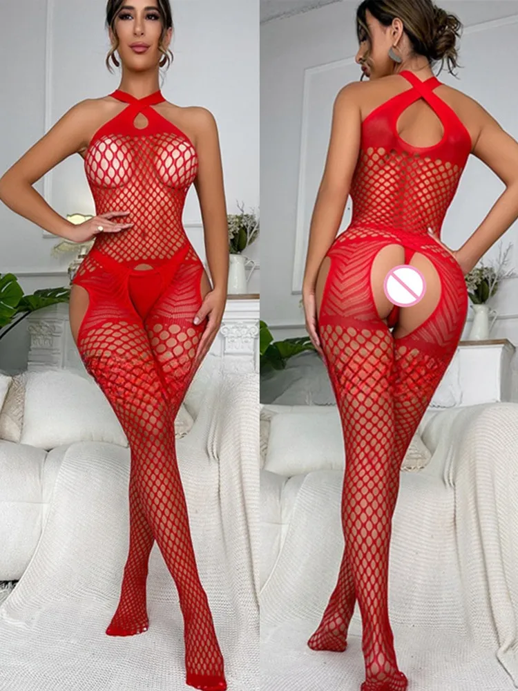 Women's One-piece Full Body Stocking Clothes Fishing Net Hollow Bodystocking Erotic Transparent Mesh Tight Lingerie Costume