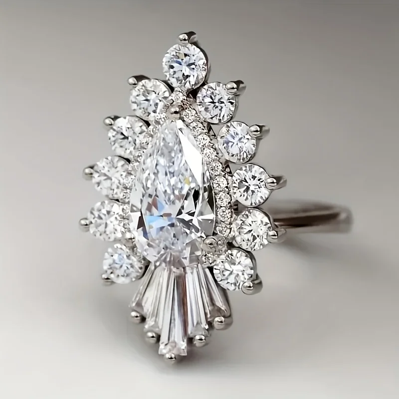 Geometrisches Design, glänzender synthetischer Zirkonia, Damen-Versprechensring, Hochzeit, Verlobung, luxuriöse, elegante Accessoires, silberfarbener Schmuck