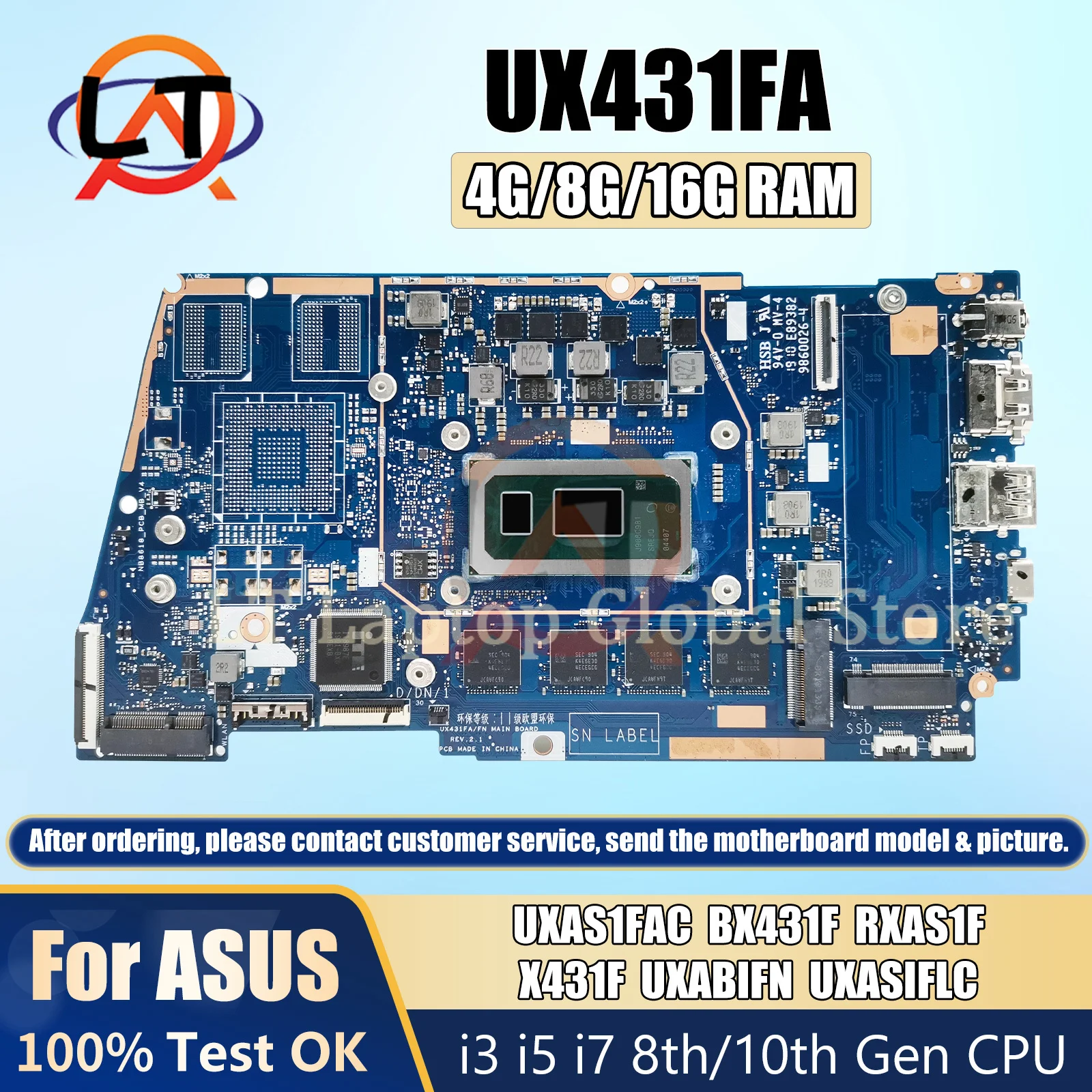 

UX431FA Материнская плата ASUS UX431FAC RX431F UX431FN BX431F UX431FLC материнская плата для ноутбука I3 I5 I7 8-го/10-го поколения 4G/8G/16GB-RAM DDR4