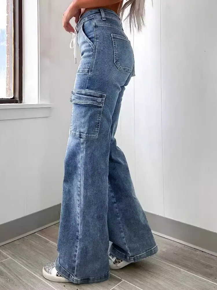 Women's Personalized Street Denim Trousers Spring And Autumn New Casual Lacing Multi-pocket Functional Workwear Straight Jeans