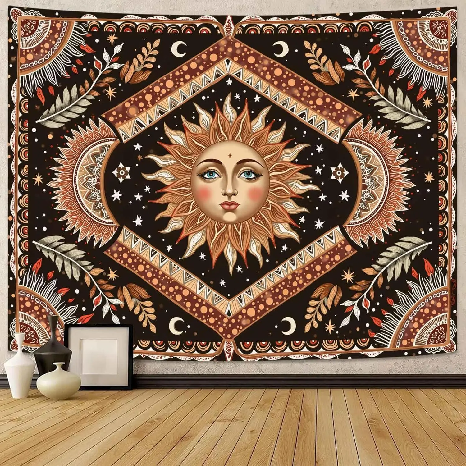 Wegklazax Sun and Moon Tapestry, Bohemian Tribal Geometric Cosmic Wall Art for Room Decor, Earthy Spiritual Home Decor