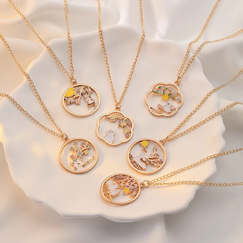 Cute Rabbit Pendant Necklace For Women Round Hollow Animal Collar Deer Cat Adjustable Choker Accessories Gift For Best Friend