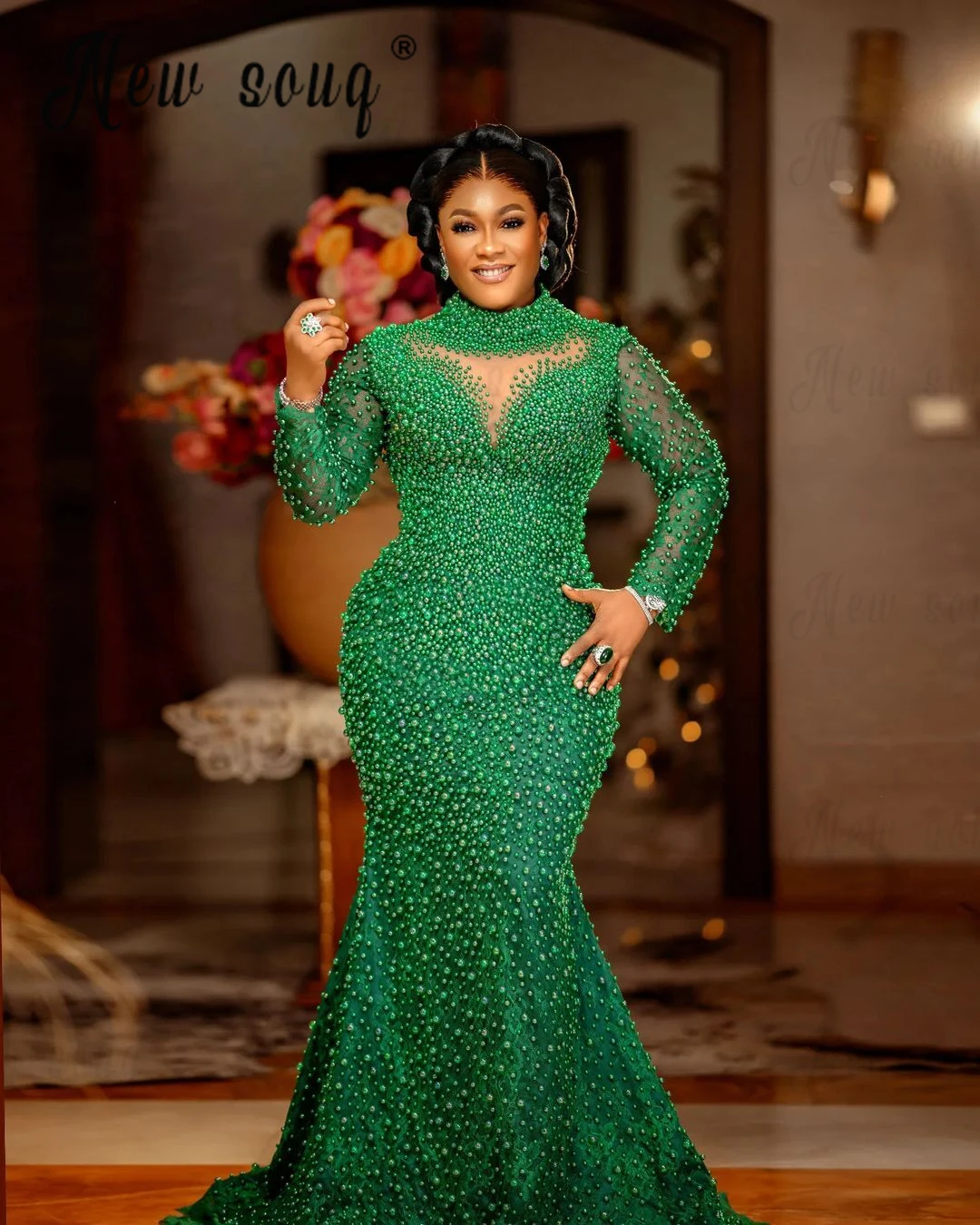 Saudi Arabia Solid Green Pearls Evening Dress Chic Engagement Party Dress for Women 2024 Bride Formal Prom Gowns Dinner Dresses