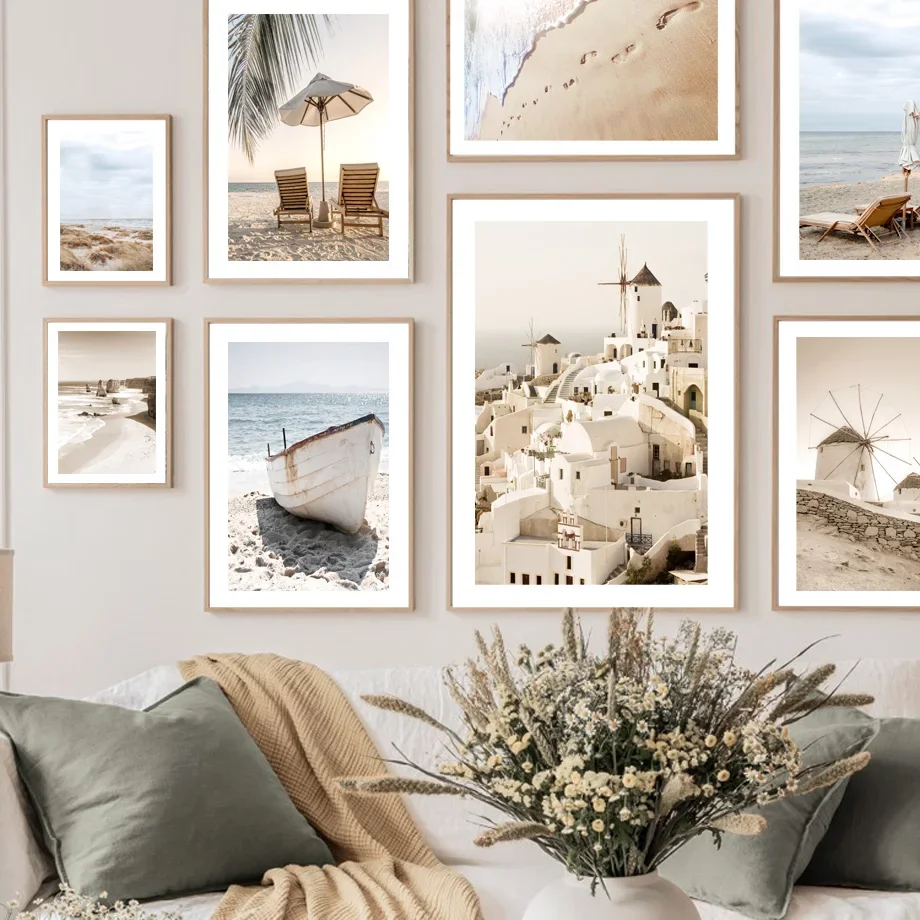 Aegean Sea Islands Wave Beach Palm Leaf Lawn Seagull Wall Art Print Canvas Painting Nordic Poster Decor Pictures For Living Room