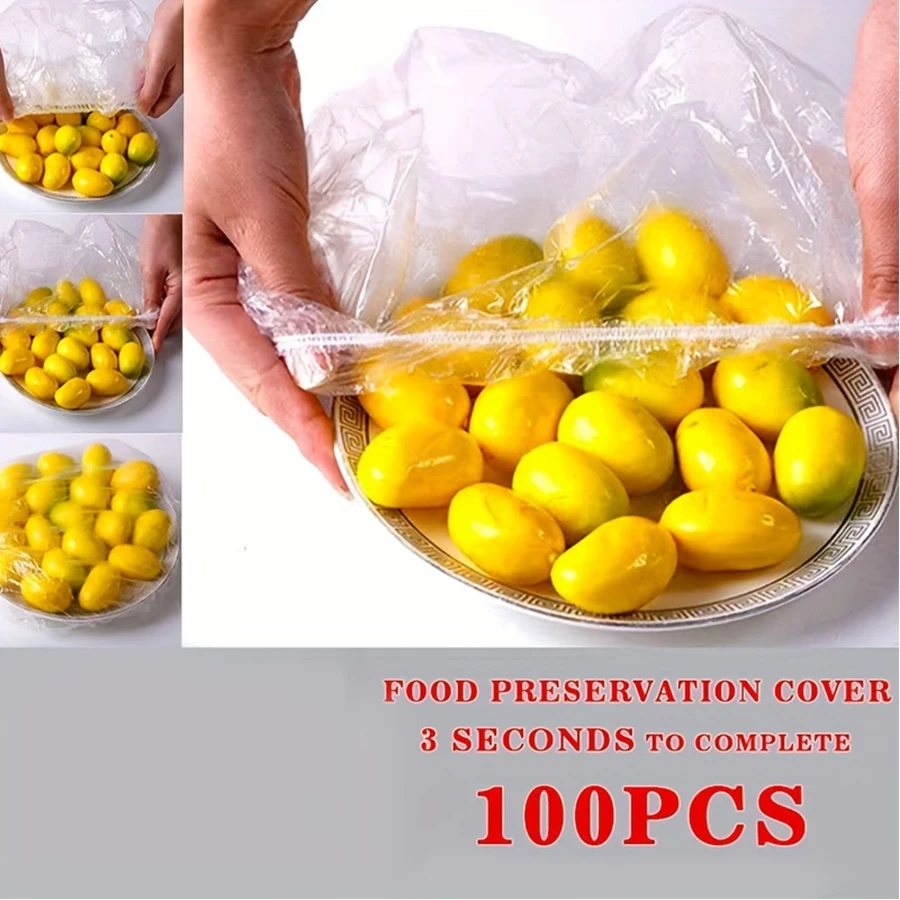 100 Pcs Disposable Fresh Keeping Cover Stretch Elastic Plastic Bowl Covers Food Storage Bags for Reusable Kitchen Seal
