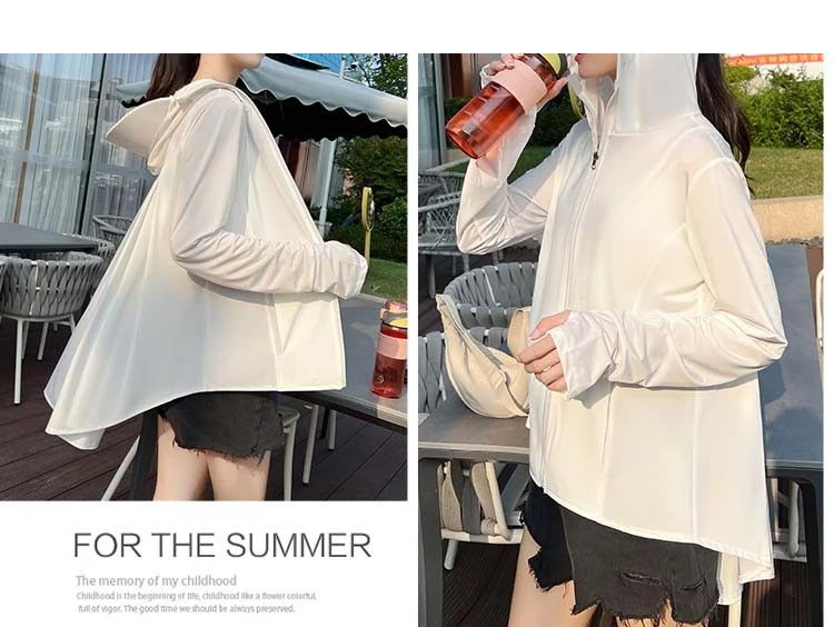 Sunscreen Shirt Long Sleeve Summer Women Casual Clothing Solid Coat UV Resistant Hooded Zipper Front Short And Back Long Pockets