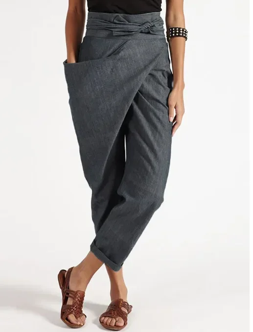 Pantalones bombachos informales para mujer, pantalón holgado asimétrico de cintura alta, unicolor, con bolsillo Unilateral, de gran tamaño, 2024