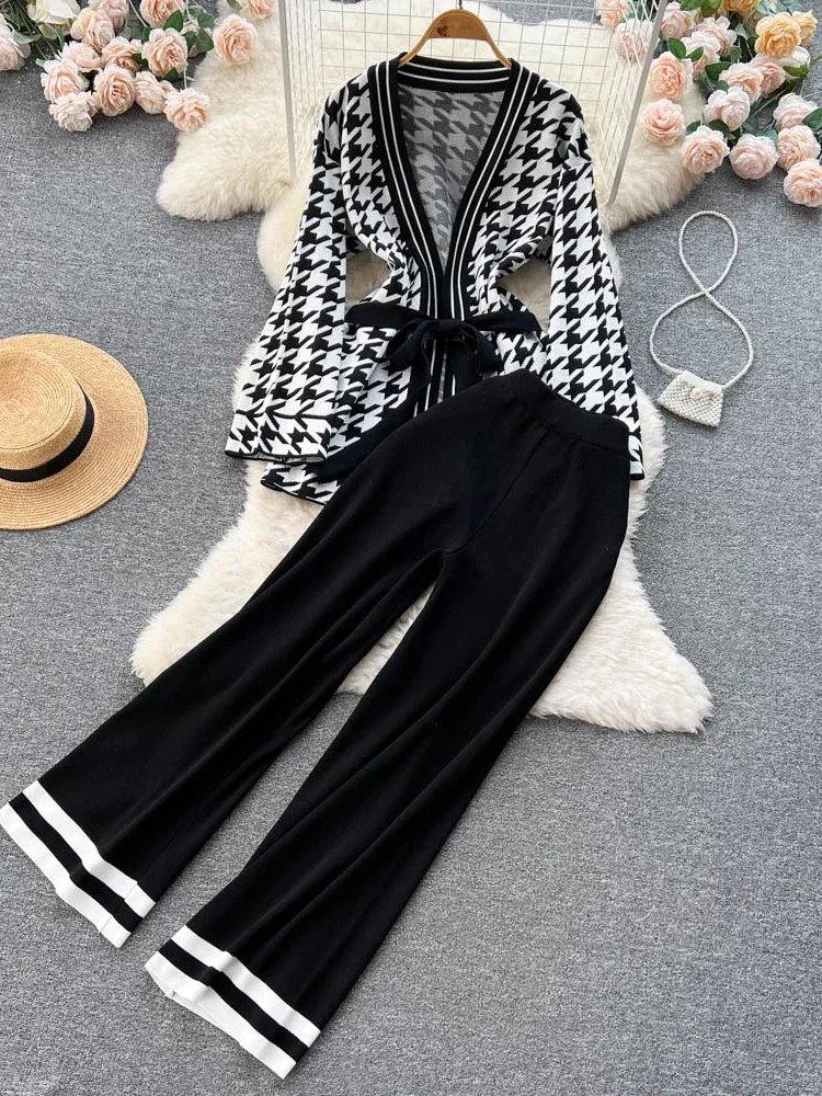 Autumn Winter Women Sweater Two-piece Suit Houndstooth Long-sleeved Cardigan Coat High Waist Drape Casual Long Pants Top D1939