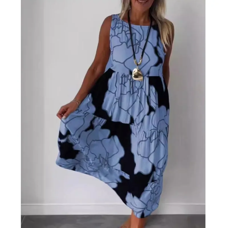 Robe trapèze imprimée sans manches pour femmes, col rond, élégante, plissée, longue, style Boho, ample, décontractée, été, 2025
