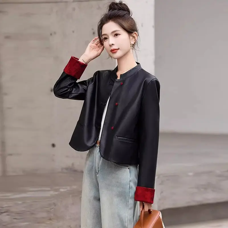 Big Size Retro Cropped Leather Jacket Women Single-breasted Long Sleeve PU Leather Coat Waterproof Windbreaker Short Tops Black