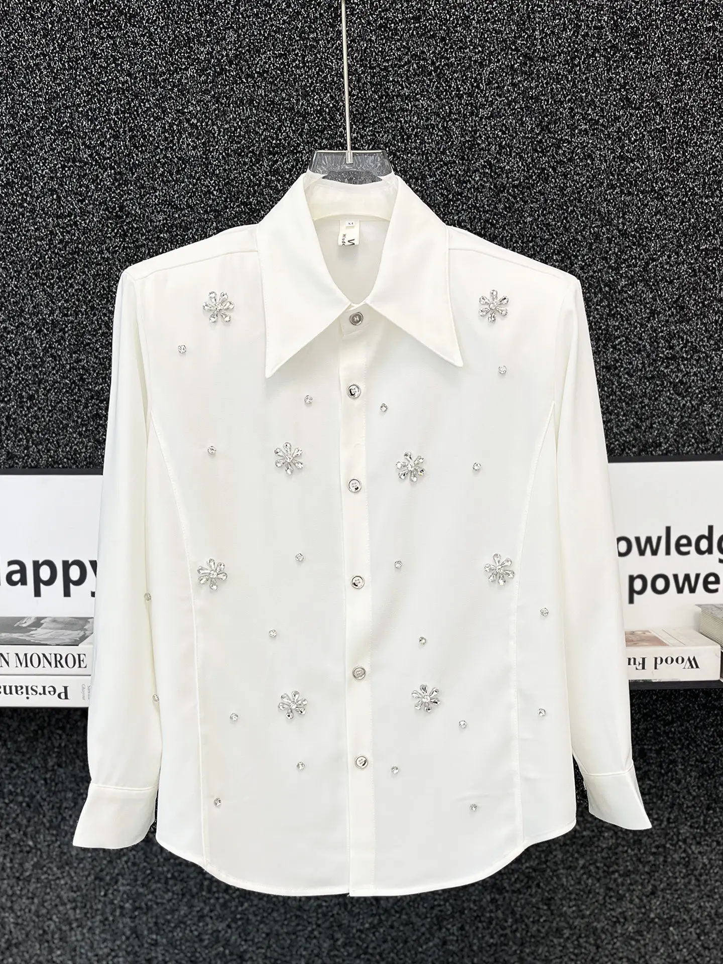 Luxury Rhinestone Flower Shirt Men's Long Sleeved Casual Shirts Trendy Padded Shoulder Shirts Social Stage Performances Costumes