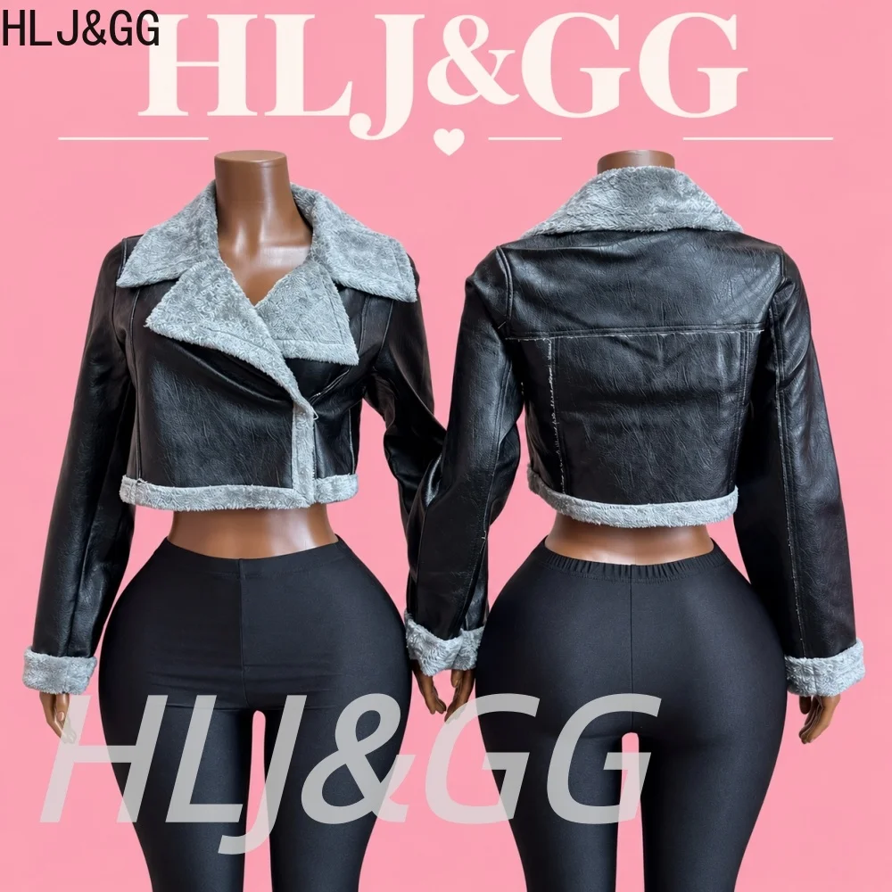 HLJ&GG Women Faux Leather Shearling Jacket fashion Fleece Lined Faux Fur Collar Cropped Moto Jackets Winter Streetwear Coats