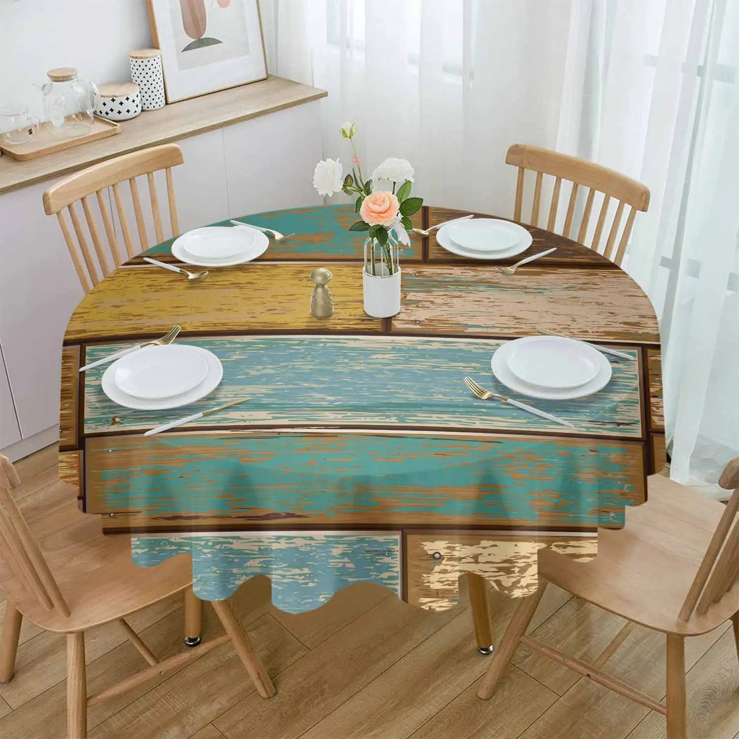 

Retro Wood Board Texture Round Table Cloth Festival Dining Tablecloth Waterproof Table Cover for Wedding Party Decor