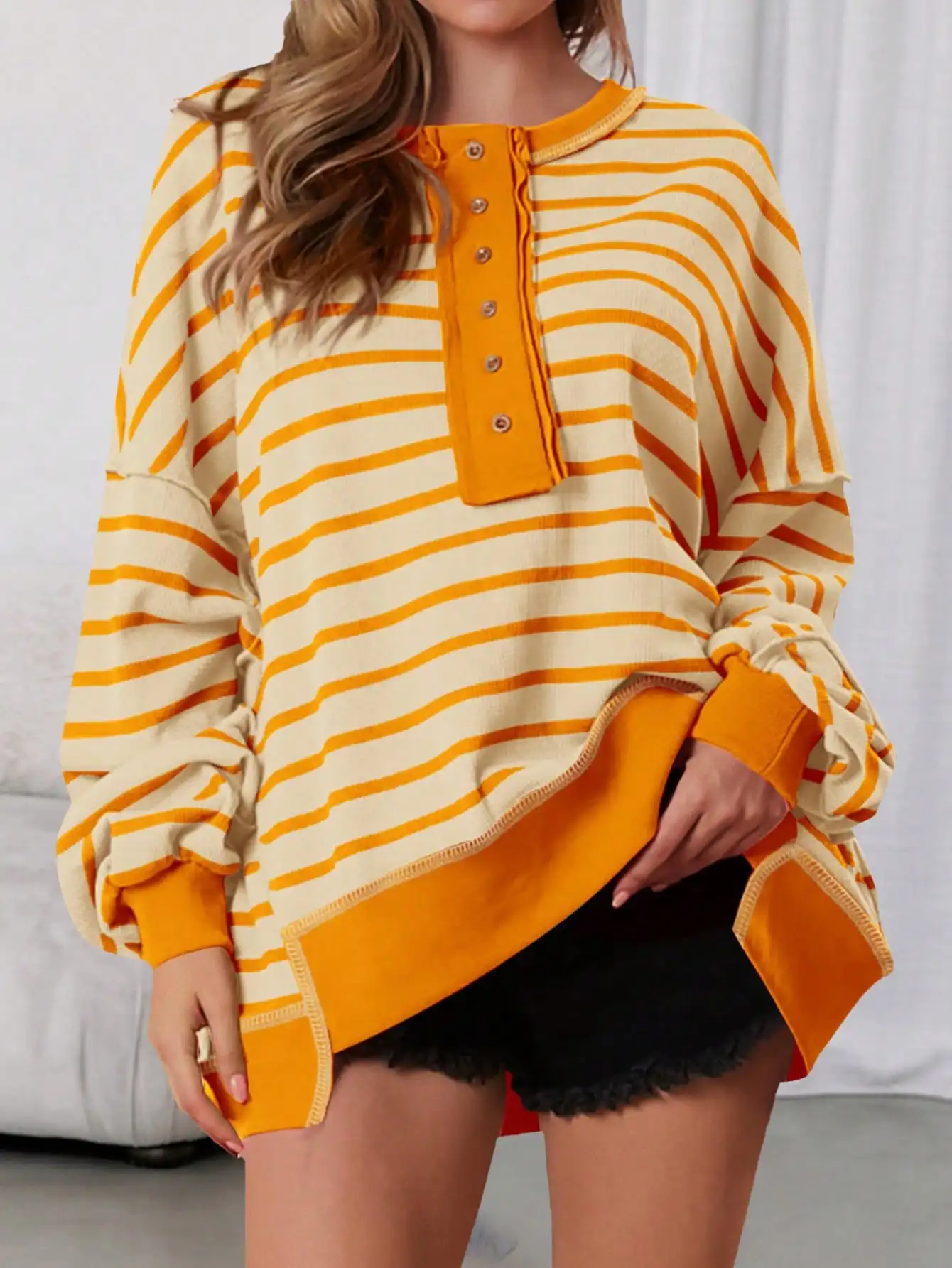 

Женская свободная толстовка-хенли в полоску с пуговицами, топ с длинным рукавом из вафельного трикотажа