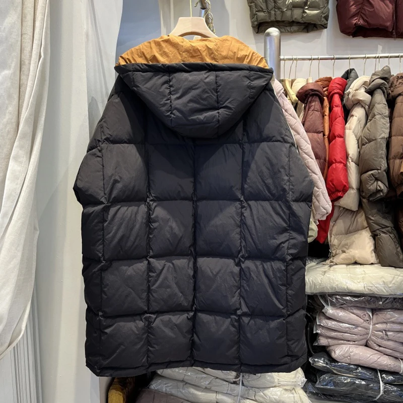 Halflange donsjas met capuchon Winter Vrouwelijke dikke warme patchworkjassen Dames Witte eendendons Parker Outwears met enkele rij knopen
