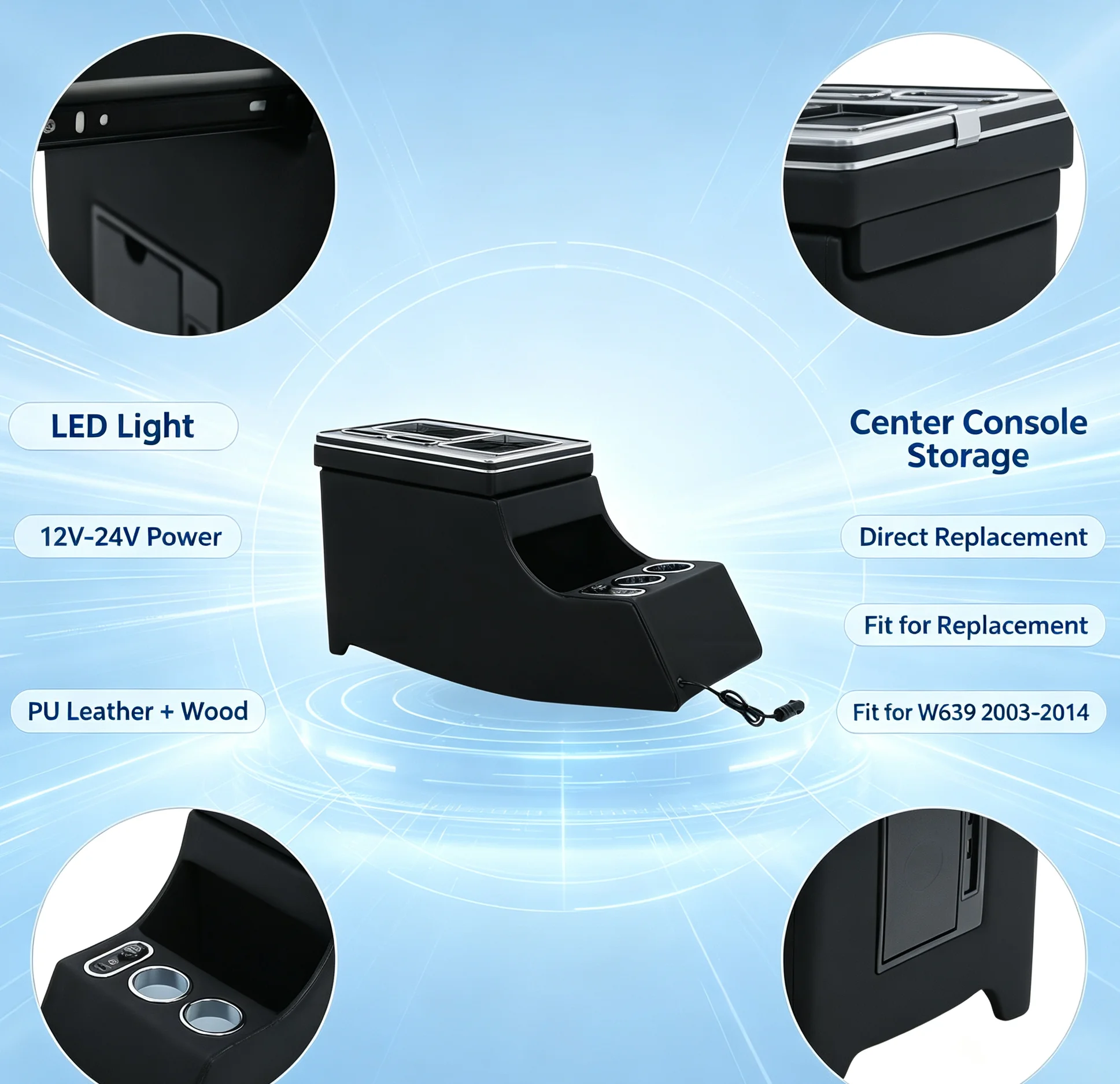 Zentrale Armlehnenbox mit LED-Beleuchtung für Benz Viano W639 Vito 2003-2014, Sitzseiten-Organizer, 5 USB-Anschlüsse, Getränkehalter, Schwarz