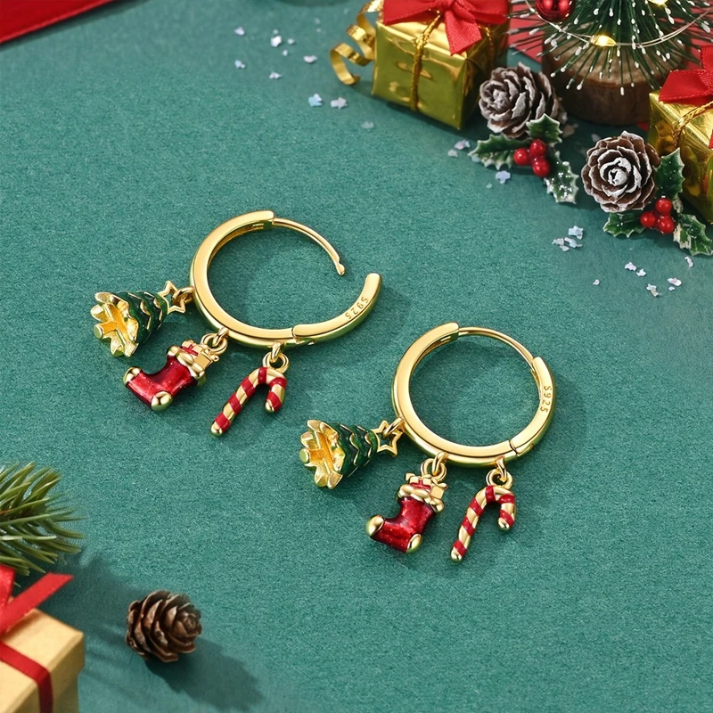 925 Sterling Silver Christmas Hoop Earrings Women Santa Gingerbread Man Tree Apple Stocking Enamel Earring Xmas New Year Gift