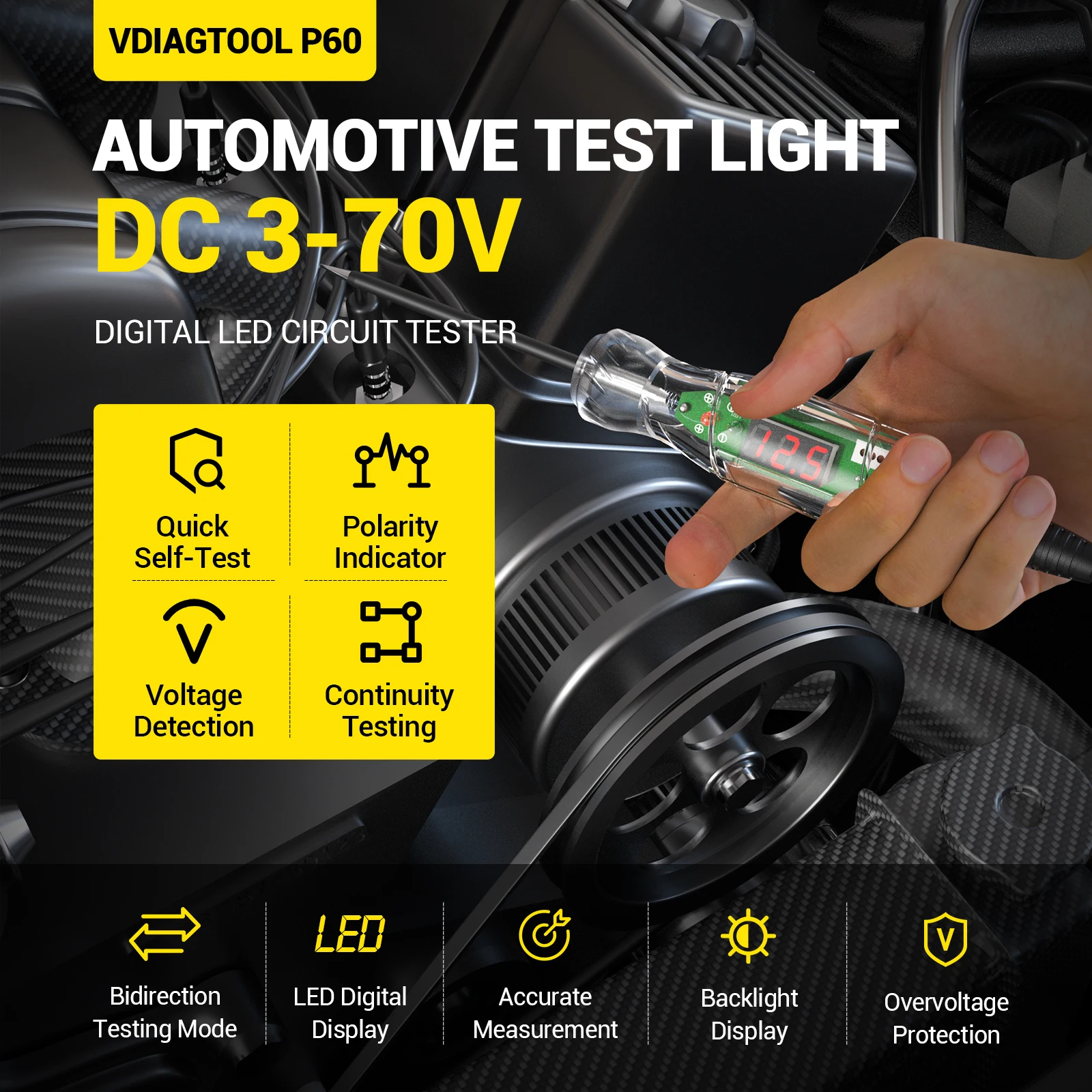 2026 New VDIAGTOOL P60 Circuit Tester DC 3-70V Digital Display Voltage Detector (0.01%+1) Accuracy Plastic Body