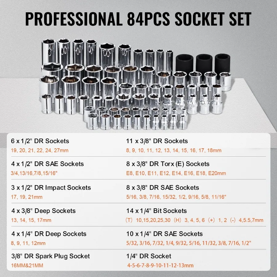 Set di strumenti meccanici da 121 pezzi 1 4 3 8 1 2 prese di azionamento SAE e metriche