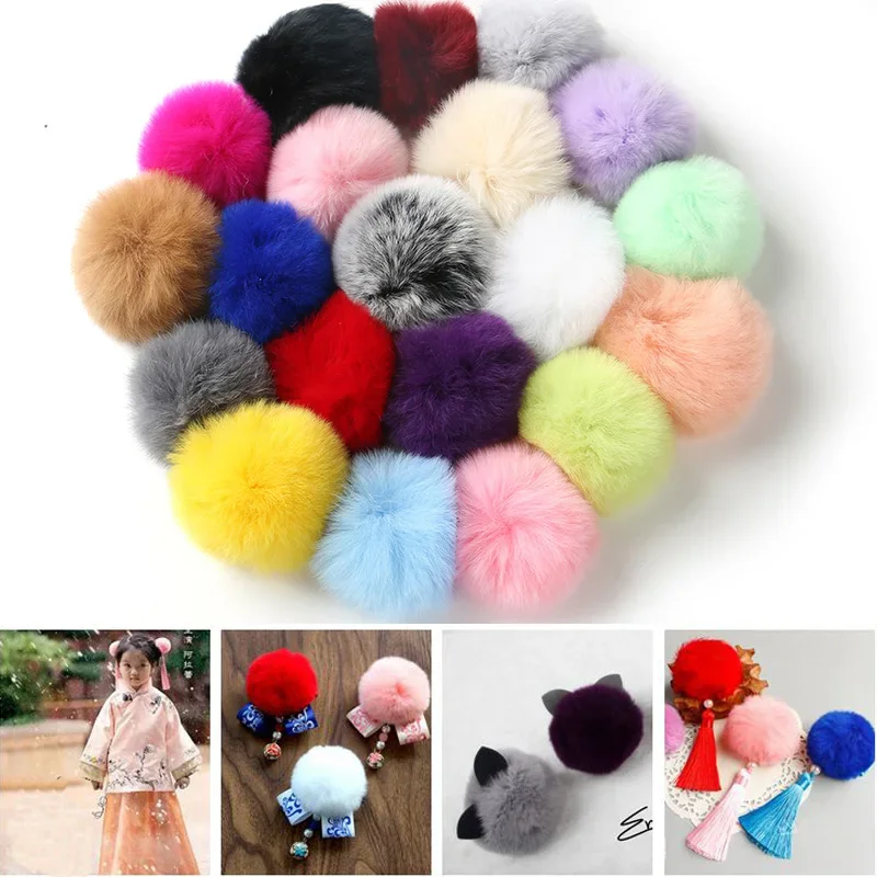 Real Fur Ball 6cm Pompom Keychain Car Pompon Rabbit Fur Ball Keychain Fur DIY Bag Charms with Fluffy Bunny Ponpon