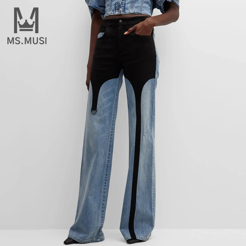 MSMUSI 2024 New Fashion Designer Women Sexy Lady Patchwork Stripe High Waist Denim Pant Party Club Bodycon Jeans Full Long Pant