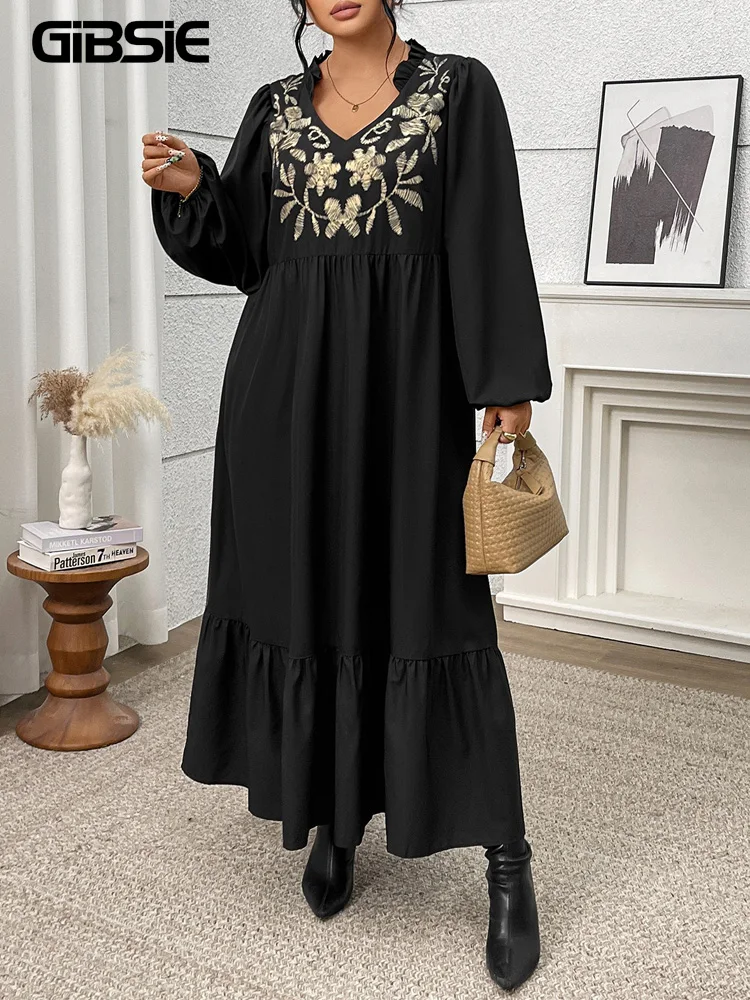 GIBSIE Plus Größe Vintage Stickerei V-ausschnitt Laterne Hülse Rüschen Saum Kleid Frauen 2025, Herbst Schwarz Casual Lose Maxi Langes Kleid
