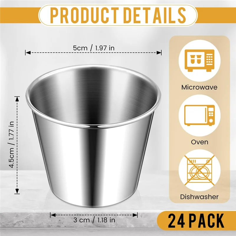 Wielorazowe miski ze stali nierdzewnej o pojemności 1,5 uncji, 24 szt. Metalowe kubeczki do sosów, miseczki na przyprawy, okrągłe pojemniki-AS97