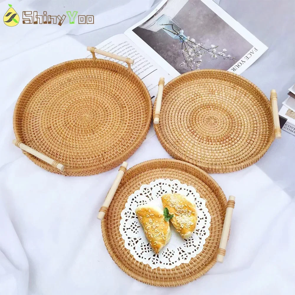 

Round Rattan Serving Tray with Handles, Hand Woven Basket Decorative Organizer Tray Natural Basket for Storage Bread Fruit Snack