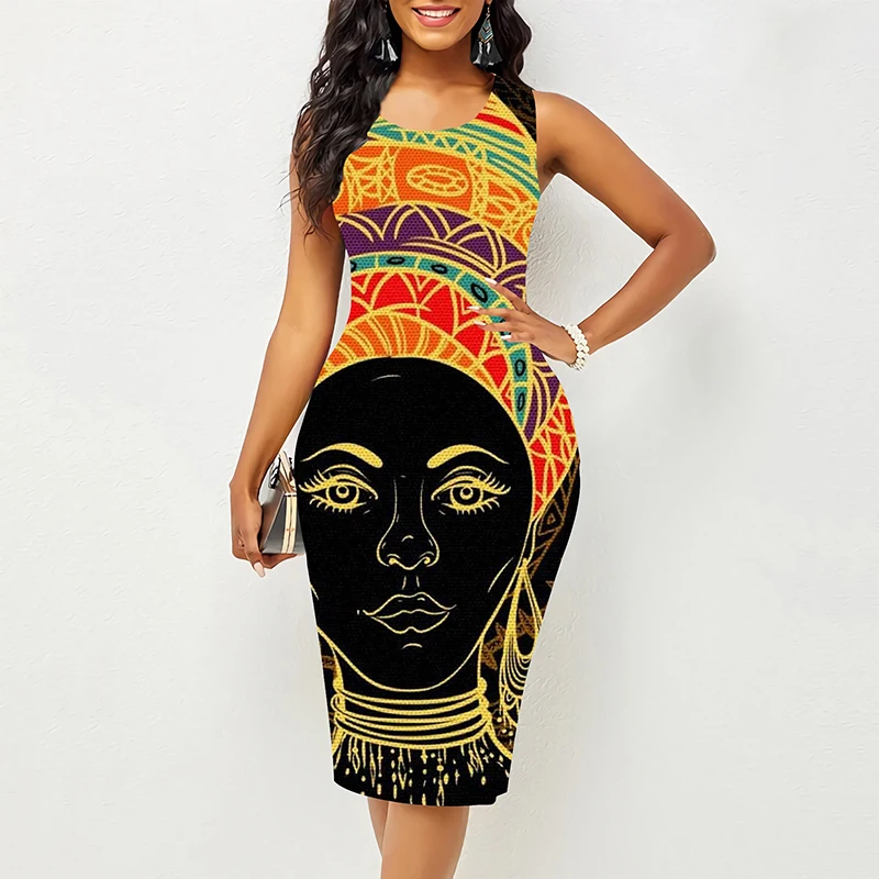 Summer African Black Girl 3D Print Knee Length Dresses New Women Slim Fit Party Dress Sleeveless Elegant Formal Occasion Dresses