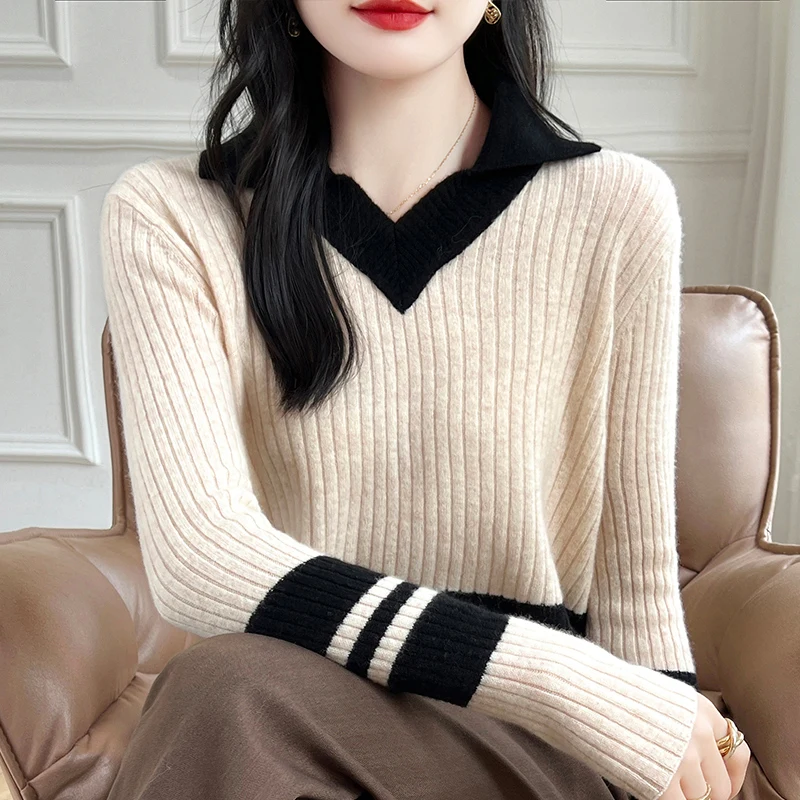 

Lapel Autumn 100%Pure Wool Sweater Women's V-Neck Color Matching Knit Pullovers Fashion Loose Striped Blouse 2025Bottoming Shirt