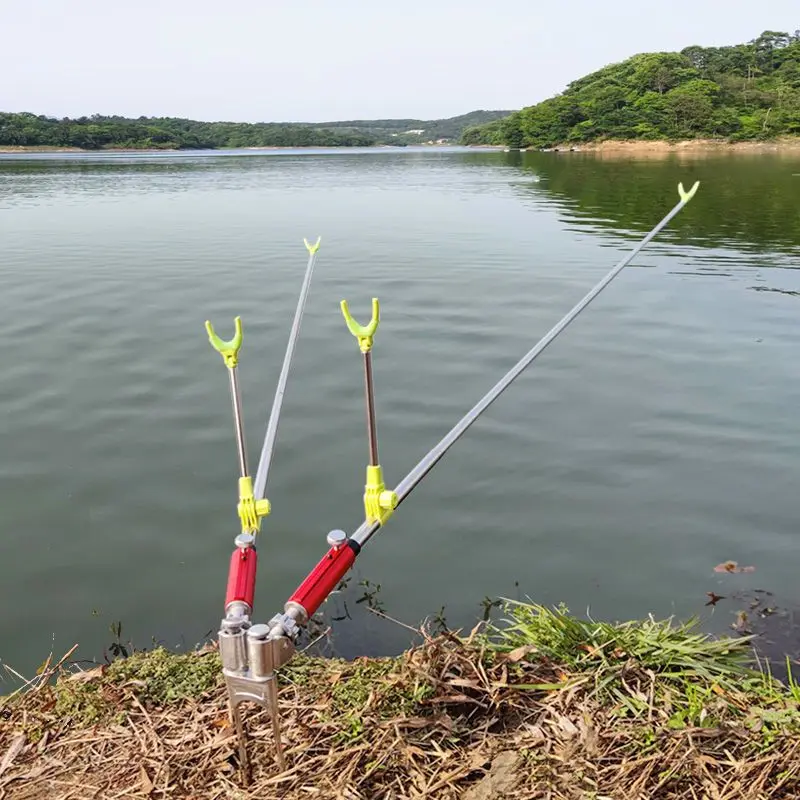 Stainless Steel Dual Fishing Rod Holder Foldable Adjustable Ground Insert Stand For Bank Lake Outdoor Angling Adults Durable