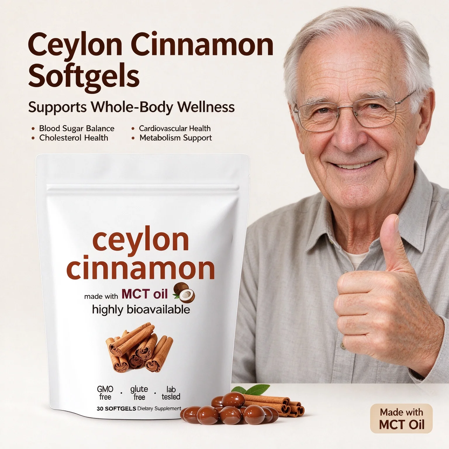 Ceylon Cinnamon Softgels Support Healthy Blood Sugar Balance Cholesterol Cardiovascular Health & Metabolism Herbal Supplement