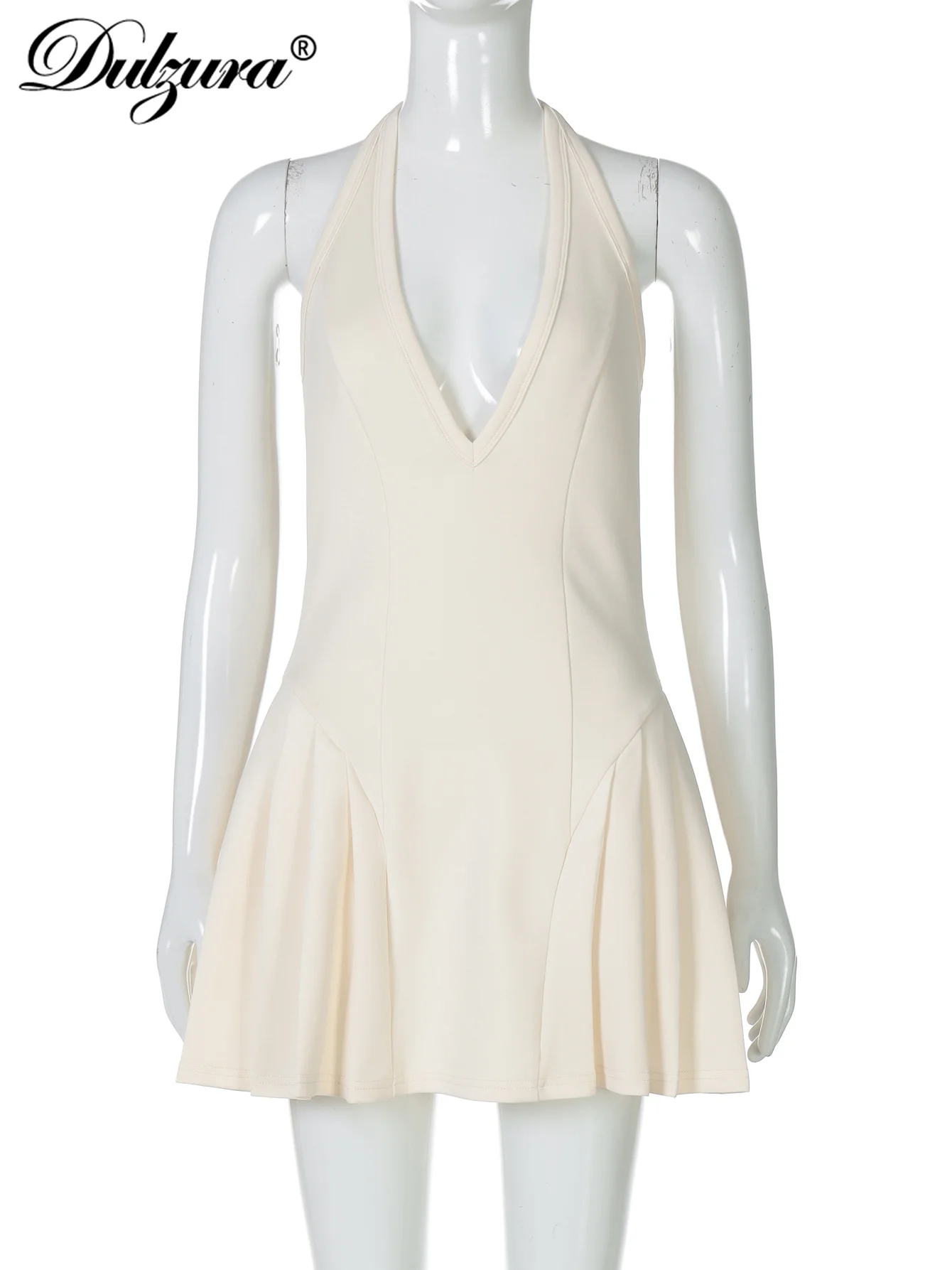 Dulzura Mini abito a pieghe con lacci slim fit senza maniche con scollo all'americana Solido sexy elegante abito corto Party Club Abiti estivi