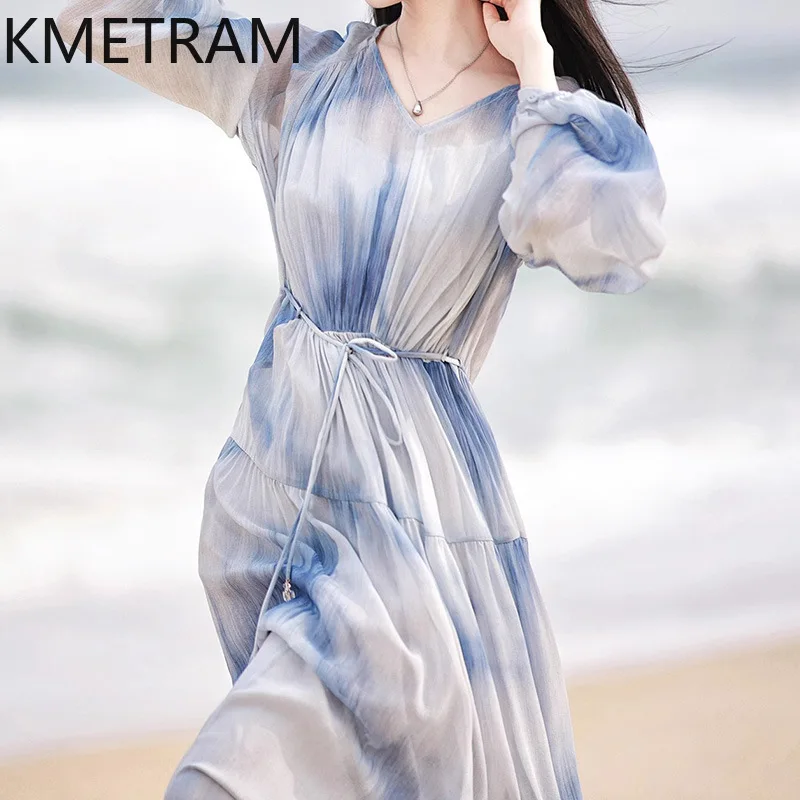 

KMETRAM 100% Mulberry Silk Long Dress Woman Vacation Style Dresses for Woman Clothes High Quality Summer Dress Woman Robe Femme