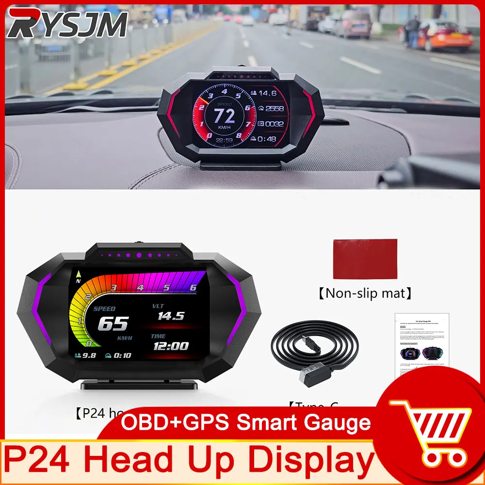 OBD + GPS System HUD Car Head Up Display P24 Digital Speedometer Water Temp Fuel Consumption Slope Meter Time Instrument